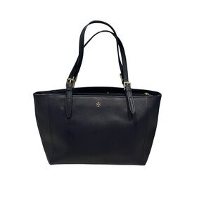 Tory Burch Saffiano leather medium Navy Blue top zip tote with material inside.